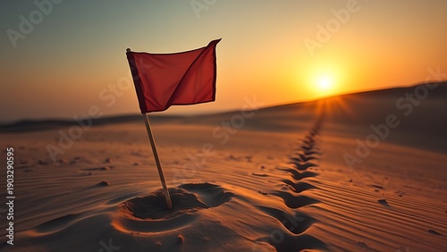 sedition. Broken flagpole in sandy ground with retreating footprints, sunset symbolic of surrender. inspiring travel planning.