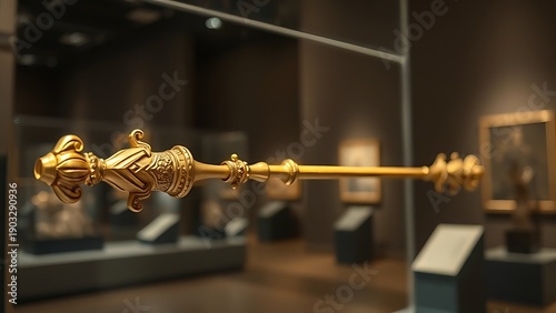 glaive. A ceremonial gilded glaive with carved shaft displayed in a museum. event programs, museum guides, designed for cultural heritage projects and event programs, preserves heritage.