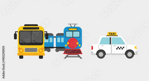 Various modes of public transportation including a bus train and taxi.