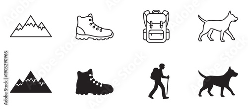 Set of hiking and outdoor adventure icons featuring mountains, boots, a backpack, a dog, and a hiker, presented in both minimalist line art and solid black silhouette styles