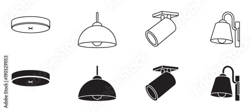 Various types of home lighting fixtures illustrated as a collection of black vector icons, featuring pendant, sconce, and spotlight lamps in both outline and solid silhouette forms