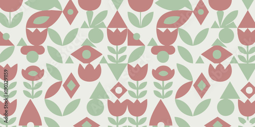 Repeating floral pattern with stylized flowers, leaves, and diamond shapes in soft red and green hues on a cream background, viewed from directly above.