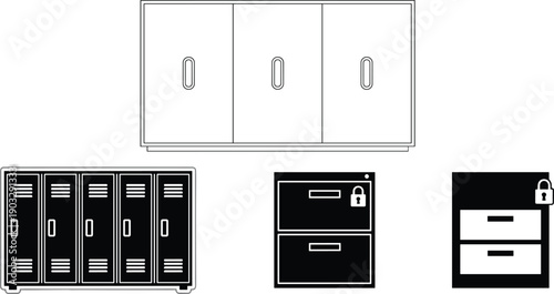 Storage cabinets and secure metal lockers vector set with office furniture organization symbols in outline and silhouette styles