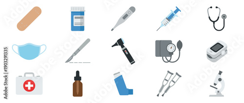Collection of colorful medical equipment icons including a stethoscope, syringe, microscope, and first aid kit in a flat vector design style for healthcare and medicine concepts