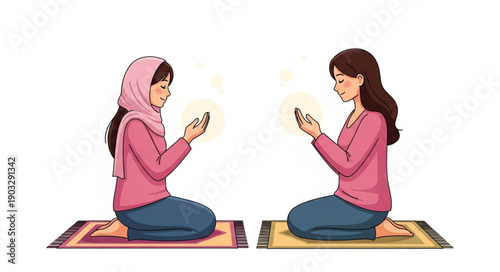 Two women praying together on prayer mats.