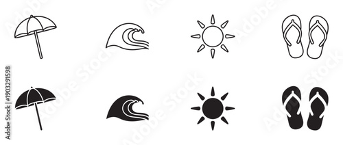 Set of black summer beach icons featuring an umbrella, wave, sun, and flip-flops in both outline and solid silhouette styles for a clean, minimalist graphic design