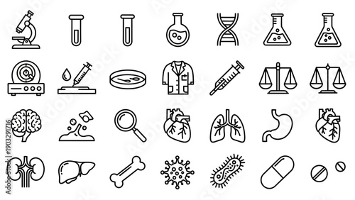 Medical Science Laboratory Equipment Icons.