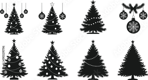 Christmas tree silhouettes with decorations, holiday icons, winter celebration vector, festive evergreen trees, holiday ornaments, Xmas graphics, seasonal design, festive decor