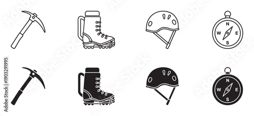 Set of black mountaineering equipment icons showing an ice axe, hiking boot, helmet, and compass in both outline and solid glyph styles for adventure and exploration themes