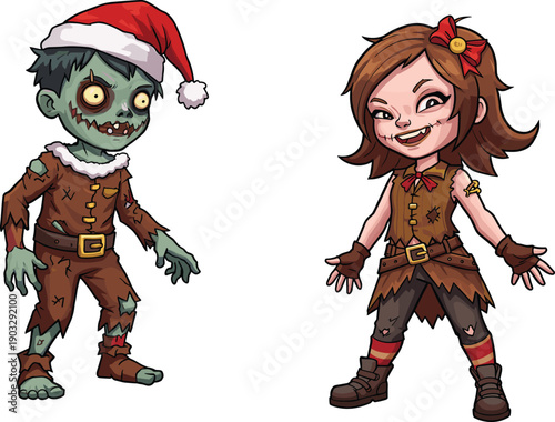 Christmas zombie cartoon character with Santa hat, festive horror girl illustration, spooky holiday fantasy art, creepy funny undead celebration design