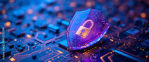 Network security visualization, glass-like purple shield with gold reflections and lock emblem, floating over abstract holographic blue and rgolden glowing motherboard patterns,
