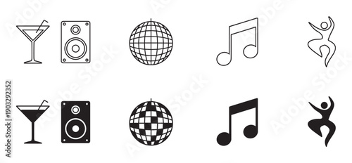 Collection of black party icons showing a cocktail, speaker, disco ball, musical note, and dancer in both outline and solid silhouette styles for entertainment concepts