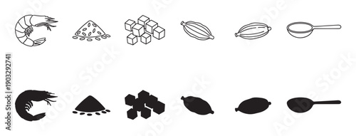 Collection of minimalist cooking ingredient icons featuring a prawn, rice, sugar cubes, cardamom pods, and a spoon presented in line art and silhouette versions