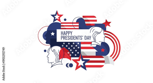 A colorful illustration celebrating Presidents' Day with a patriotic design featuring American flags, presidential portraits, and decorative elements on a white background.