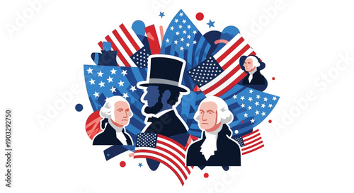Illustration of a President Day celebration with a business man character and icons of American presidents surrounded by USA flags and decorations.