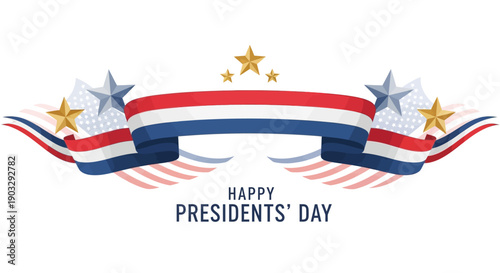 A colorful illustration celebrating Presidents' Day with a patriotic design and 'Happy Presidents' Day' text against a clean white background.