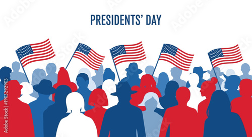 Illustration of people celebrating Presidents' Day with American flags in a colorful, patriotic design for decoration.