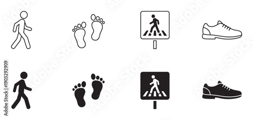 Collection of black walking pedestrian icons including a stick figure, footprints, a crosswalk sign, and a shoe, presented in both outline and solid silhouette styles