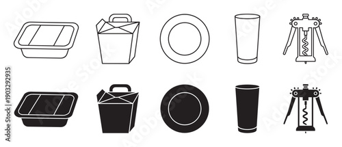 Set of black food and drink icons in two styles, line art and silhouette, featuring a takeout container, noodle box, plate, drinking glass, and winged corkscrew