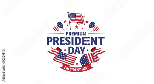 A colorful illustration celebrating President Day with patriotic icons and American flags in a decorative design.
