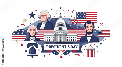 Illustration of President's Day celebration featuring a colorful design with portraits of presidents, American flags, and the US Capitol building on a decorative background.