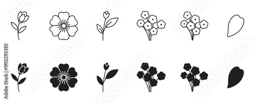 Minimalist floral vector icon collection showing simple flowers, buds, and petals in two distinct styles, a clean black outline and a bold solid silhouette design