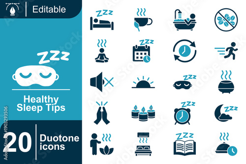 20 Healthy Sleep Tips Duotone Icons Collection for Wellness and Restful Nights