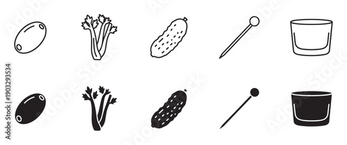 Set of black cocktail garnish icons featuring an olive, celery, pickle, pick, and glass, presented in both line art and solid glyph styles for graphic design