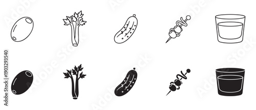 Cocktail garnish and drink icon set collection with olives, celery, pickles, and glasses in a simple black and white outline and silhouette style, perfect for bar menus
