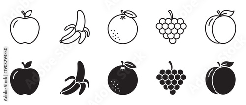Minimalist fruit icon set in black outline and solid silhouette styles, a simple graphic collection of apple, banana, orange, grapes, and peach illustrations