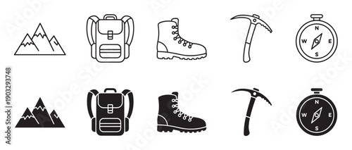 Set of black hiking and climbing icons including a mountain, backpack, boot, ice axe, and compass in both line art and solid glyph styles for outdoor adventure concepts