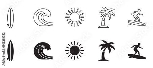 Set of black surfing and beach icons in two styles, line art and solid silhouette, featuring a surfboard, ocean wave, sun, palm tree, and a surfer for graphic design elements