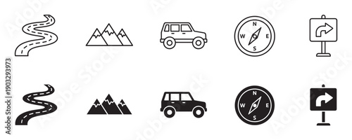 Black and white travel and navigation icons featuring a winding road, mountains, an off-road vehicle, a compass, and a direction sign in both outline and filled styles