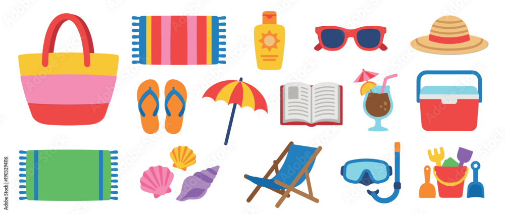 custom made wallpaper toronto digitalSet of colorful summer beach items including a bag, towel, sunscreen, sunglasses, hat, and flip-flops for a seaside vacation, presented as a flat design icon collection