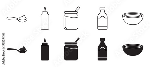 Set of black sauce and condiment icons featuring various containers like a bottle, jar, bowl, and spoon, presented in both simple line art and solid black glyph styles