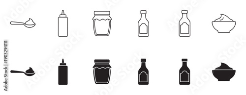 Sauce and condiment vector icon collection with various containers like bottles, jars, and bowls, presented in a simple minimalist design with both outline and solid glyph versions