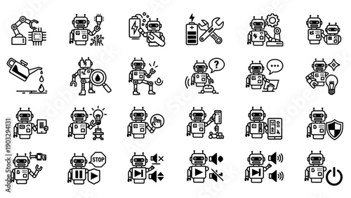 Robot icons with various tools.