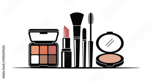 A minimalist illustration of various makeup products including an eyeshadow palette, lipstick, brush, mascara, and compact powder, arranged on a white background.