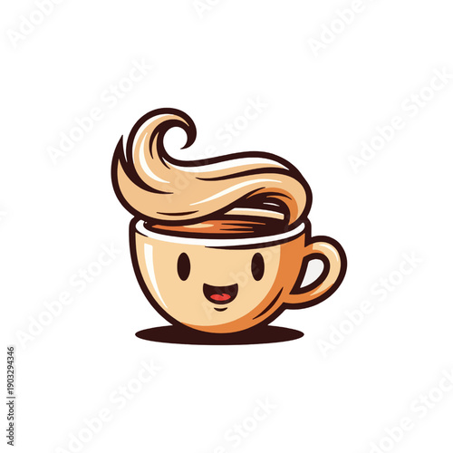 A cartoon coffee cup with a smiling face and swirling coffee, illustration, front view, q29.eps reference, simple background