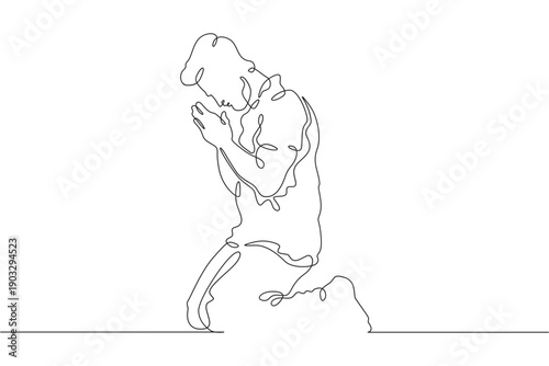 Continuous single line drawing businessman praying for good luck. Man praying on his knees. Religion. Business.  Linear.One continuous line isolated minimalist illustration. Not AI.