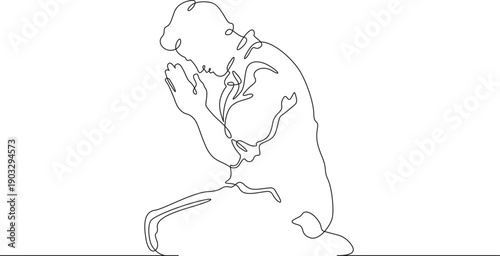Continuous single line drawing businessman praying for good luck. Man praying on his knees. Religion. Business.  Linear.One continuous line isolated minimalist illustration. Not AI.