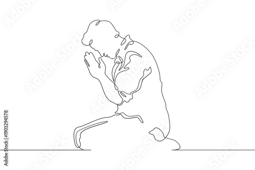 Continuous single line drawing businessman praying for good luck. Man praying on his knees. Religion. Business.  Linear.One continuous line isolated minimalist illustration. Not AI.