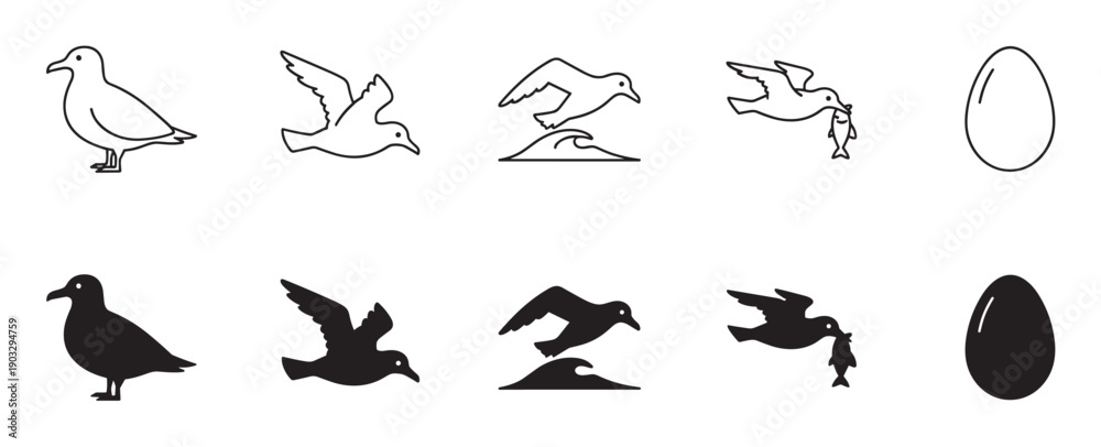 Fototapeta premium Set of black seagull icons showing different poses and actions, including standing, flying, catching a fish, and an egg, presented in both outline and silhouette styles