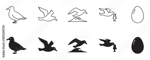 Set of black seagull icons showing different poses and actions, including standing, flying, catching a fish, and an egg, presented in both outline and silhouette styles