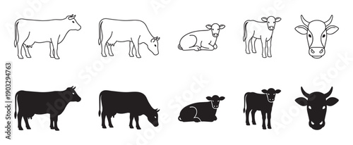 Set of black cow and calf icons in minimalist line art and silhouette styles, illustrating different poses including standing, grazing, lying down, and a simple head portrait