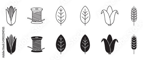 Collection of minimalist black icons representing natural materials and agriculture, featuring corn, thread, leaves, and wheat in both line art and solid silhouette styles