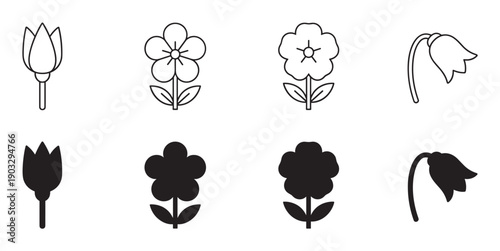 Set of simple black flower icons showing four different floral designs in both outline and solid silhouette styles for graphic design and web interface elements