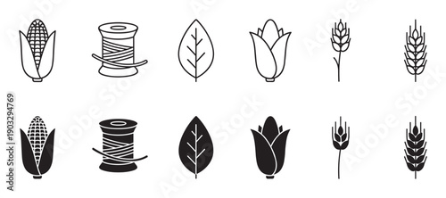 Set of black agricultural and textile icons showing corn, wheat, leaves, and a spool of thread in both line art and solid glyph styles for graphic design elements