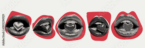 Grunge halftone lips biting heart candy with bold romance mood for valentine themed design