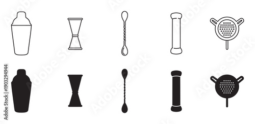 Black and white barware equipment icons featuring a cocktail shaker, jigger, bar spoon, muddler, and strainer in two distinct styles, outline and solid silhouette